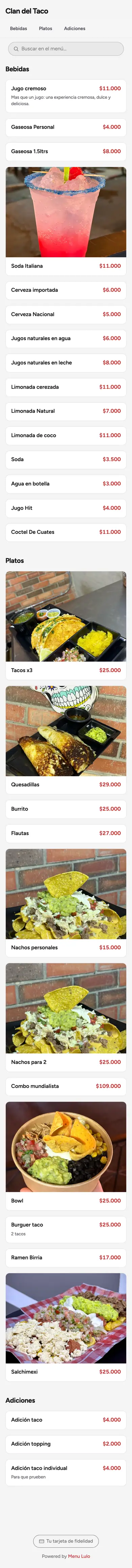Menú digital real de Clan del Taco en un celular